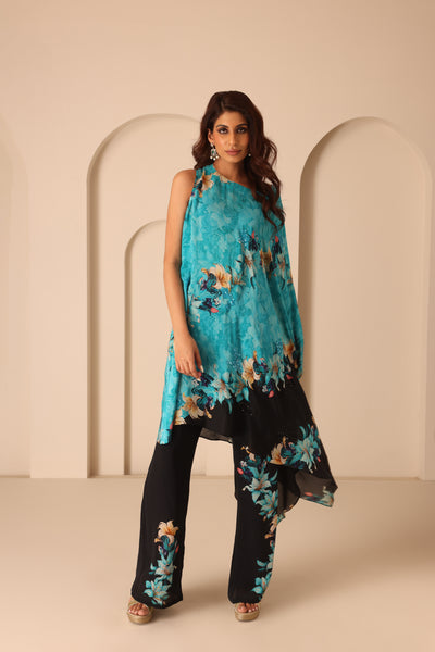 TURQ AND BLACK DAISY PRINT ONE SHOULDER TOP AND PANTS