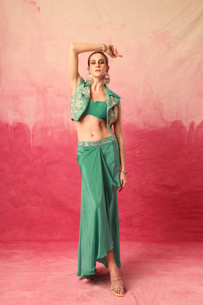 SEA GREEN EMBROIDERED BALERO JACKET WITH BUSTIER AND DRAPE SKIRT
