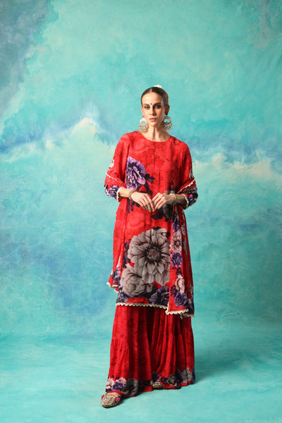 RED FLORAL PRINT SHARARA SET