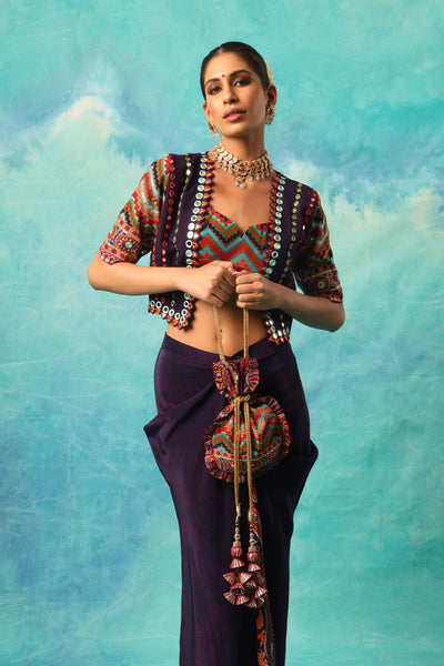 PURPLE MIRRORWORK BALERO JACKET WITH PRINTED BUSTIER AND DRAPE SKIRT