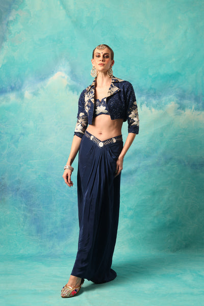 NAVY BLUE EMBROIDERED BALERO JACKET WITH BUSTIER AND DRAPE SKIRT
