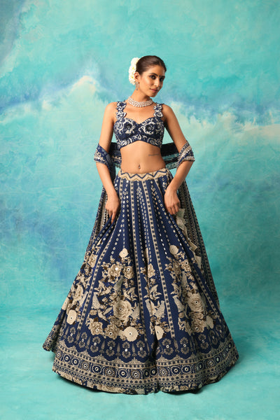 MIDNIGHT BLUE BIRD PRINT LEHENGA WITH EMBROIDERED BLOUSE AND DUPATTA