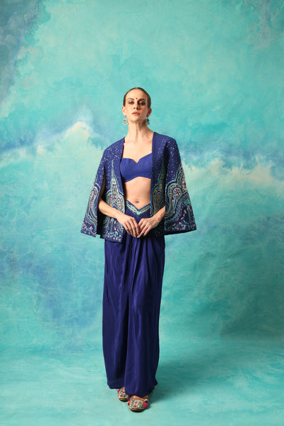 ELECTRIC BLUE EMBROIDERED CAPE WITH BUSTIER AND DRAPE SKIRT