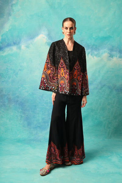 BLACK EMBROIDERED CAPE WITH BUSTIER AND FLARE PANTS