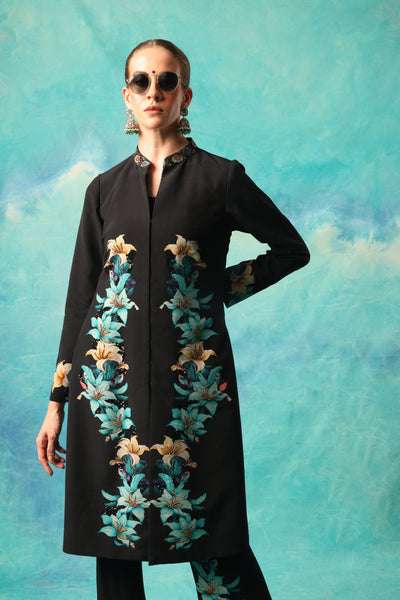 BLACK DAISY PRINT STRAIGHT JACKET WITH PANTS