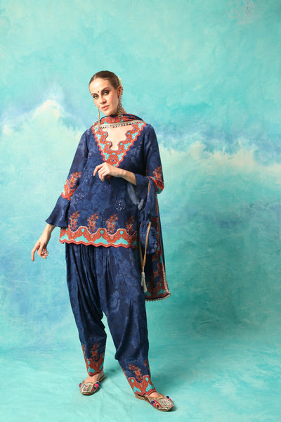 BLUE SELF PRINT FARSHI SALWAR AND KURTA SET