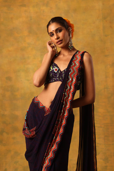 PURPLE CHEVRON PRINT PRE STITCHED SAREE WITH EMBROIDERED BUSTIER