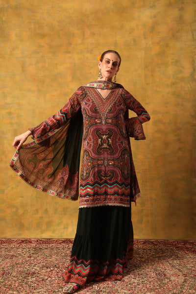 FOREST GREEN JAMAWAR PRINT SHARARA SET