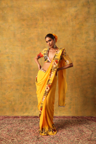 YELLOW SUNFLOWER PRINTED PRE STITCHED SAREE WITH BLOUSE