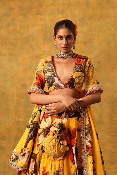 YELLOW SUNFLOWER PRINTED LEHANGA WITH BLOUSE AND DUPATTA