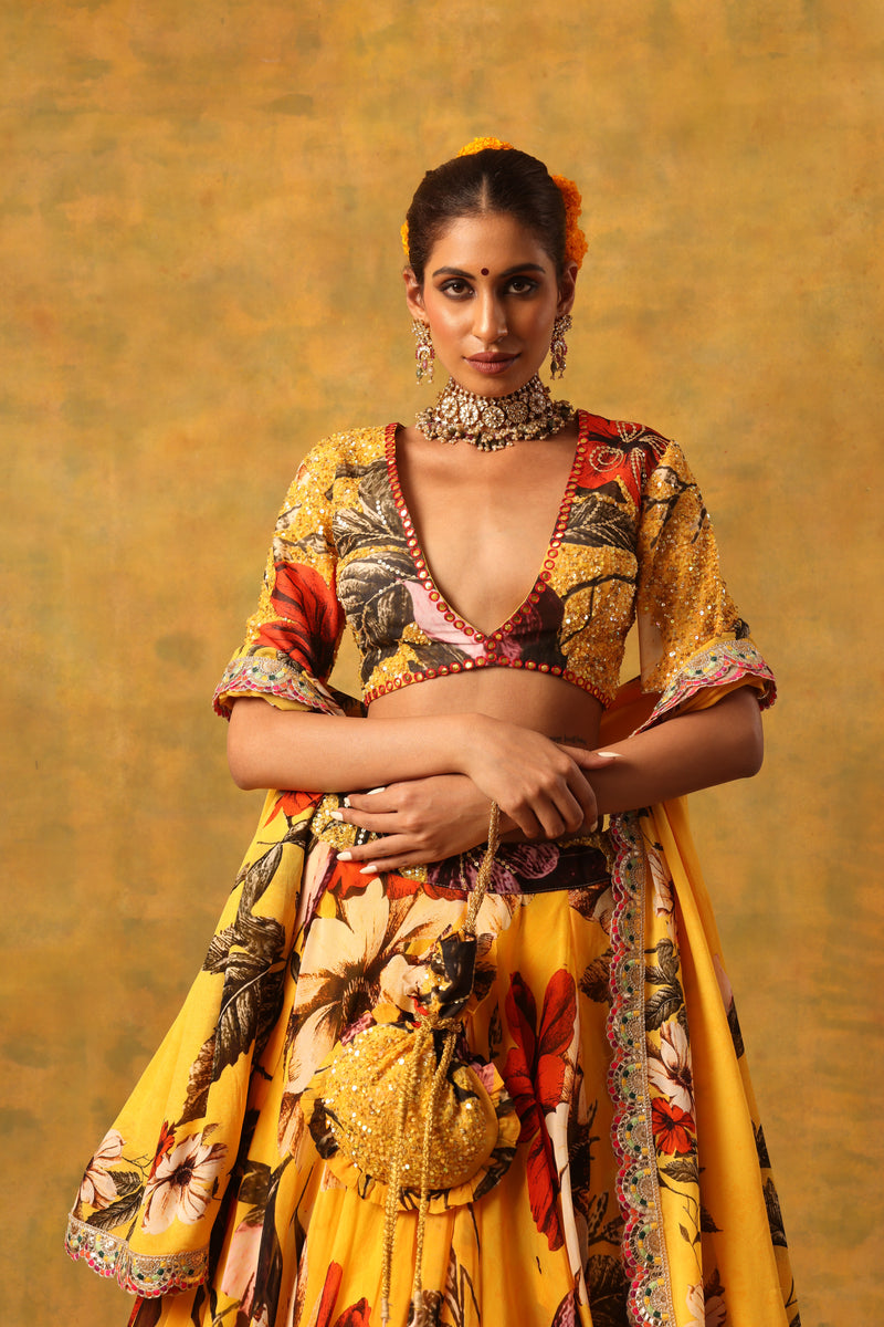 YELLOW SUNFLOWER PRINTED LEHANGA WITH BLOUSE AND DUPATTA