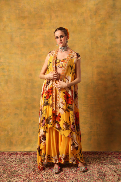 YELLOW SUNFLOWER PRINTED FLARE PANTS WITH BUSTIER AND SHRUG