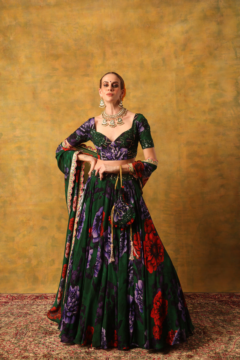 GREEN FLORAL PRINTED LEHANGA WITH BLOUSE AND DUPATTA
