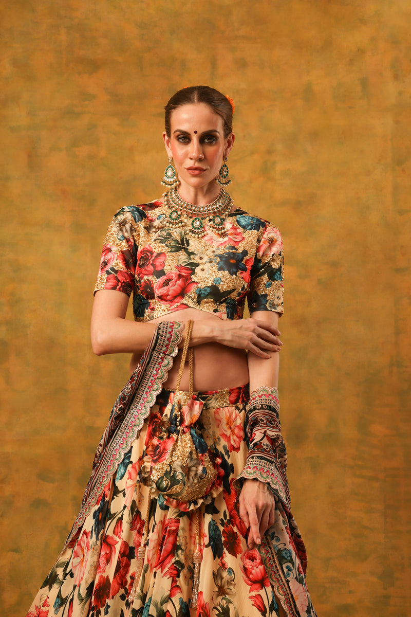 IVORY FLORAL PRINTED LEHANGA WITH BLOUSE AND DUPATTA