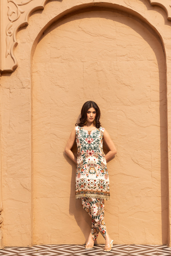 IVORY JEWEL PRINTED SLEEVESS KURTA WITH DHOTI PANTS