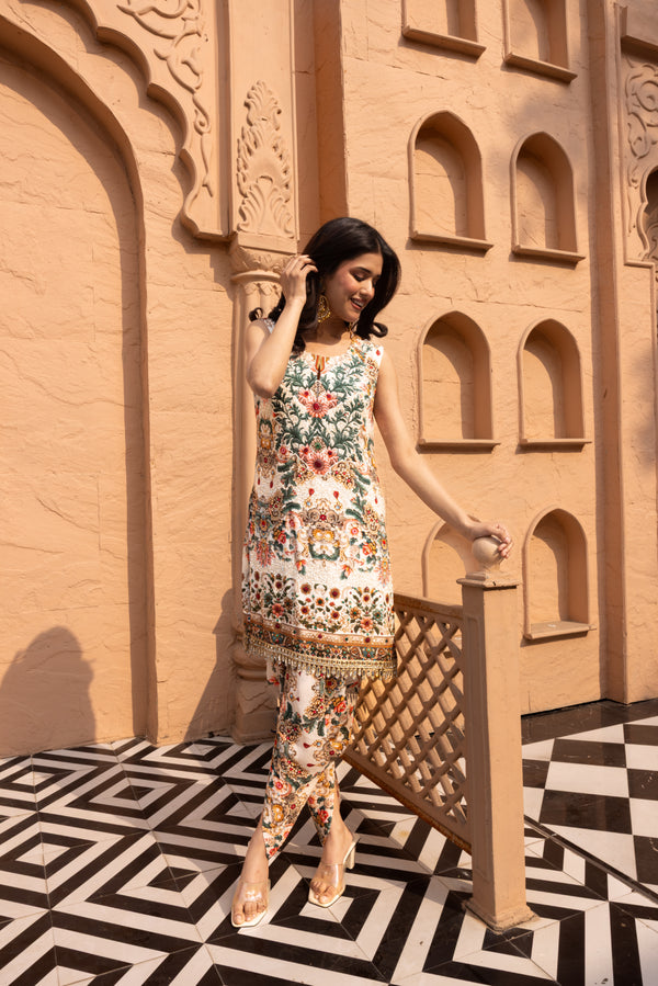 IVORY JEWEL PRINTED SLEEVESS KURTA WITH DHOTI PANTS