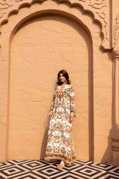 IVORY JEWEL PRINTED LONG A-LINE KURTA