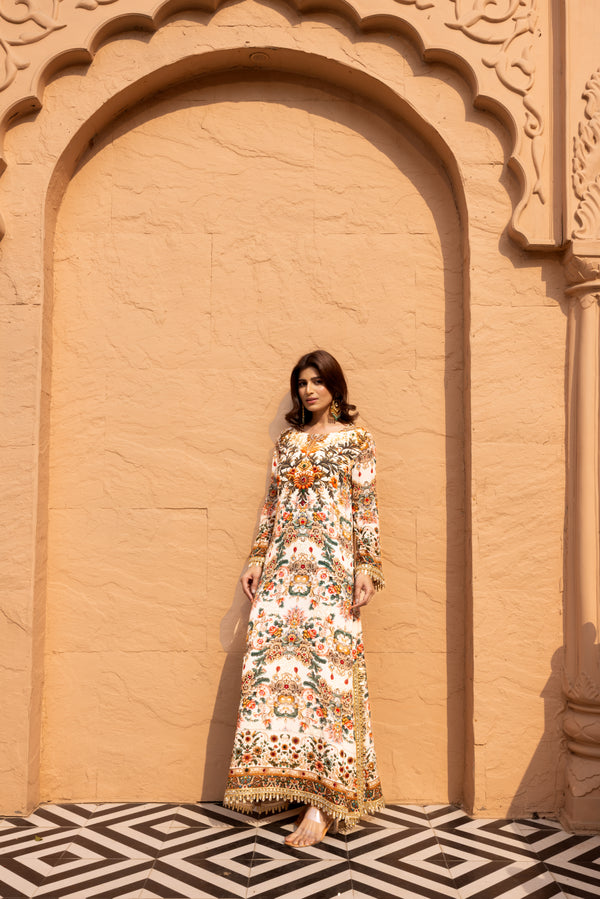 IVORY JEWEL PRINTED LONG A-LINE KURTA