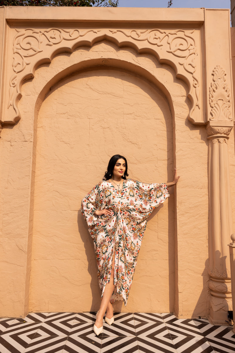 IVORY JEWEL PRINTED KAFTAN DRESS