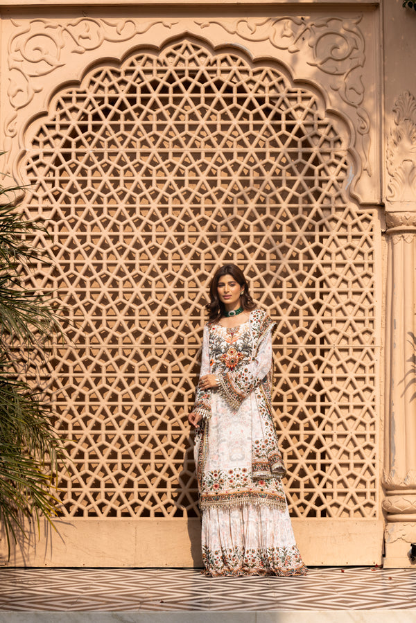 IVORY SELF PRINTED SHARARA SET