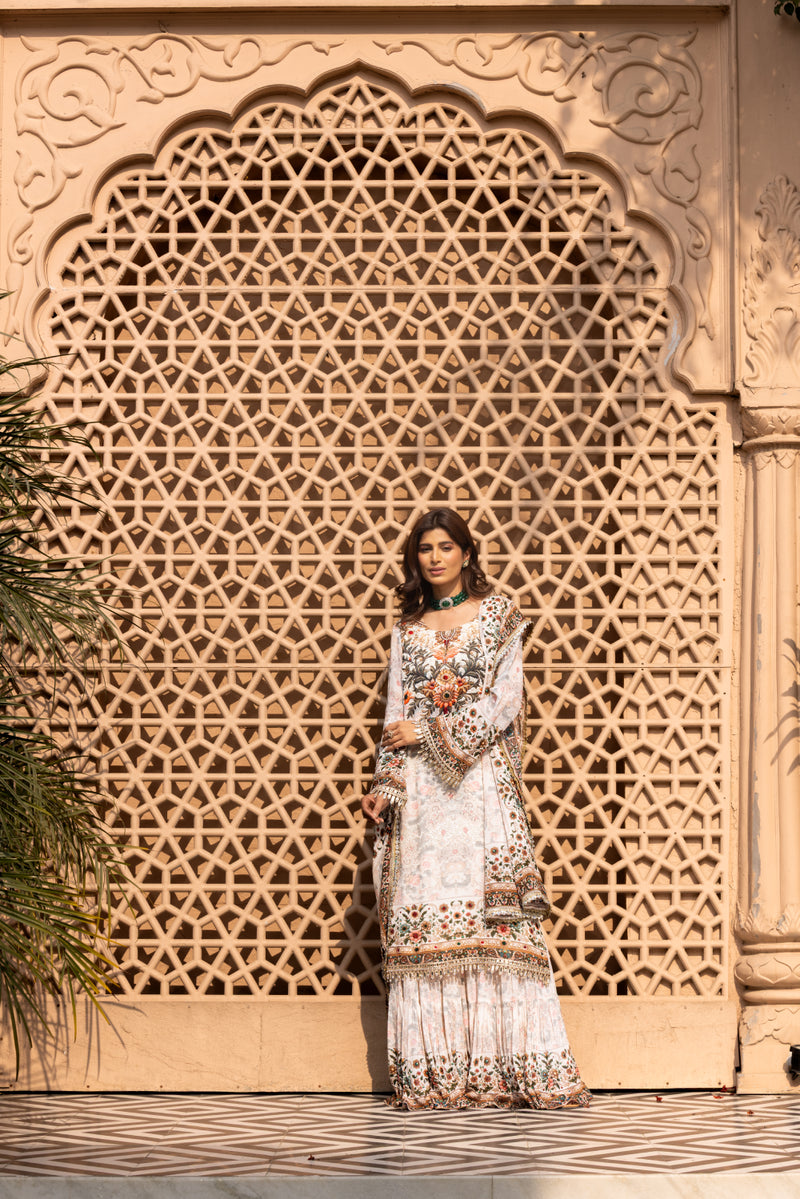 IVORY SELF PRINTED SHARARA SET