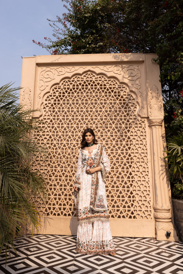 IVORY SELF PRINTED SHARARA SET