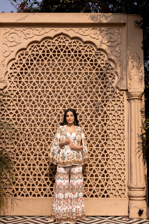 IVORY JEWEL PRINTED CAPE WITH BUSTIER AND FLARE PANTS