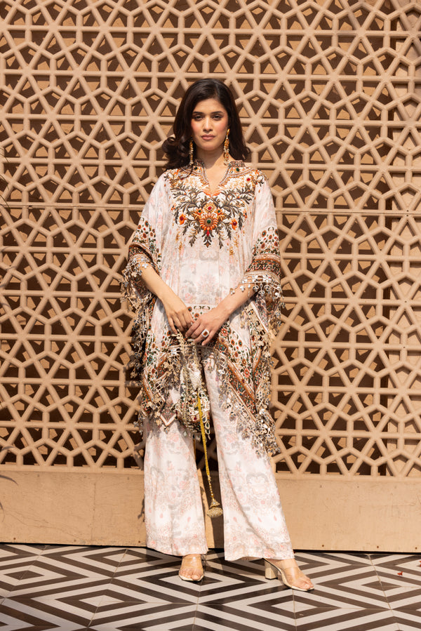 IVORY SELF PRINTED KAFTAN TOP AND PANTS