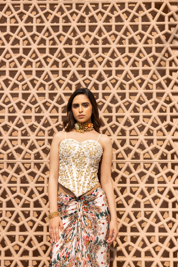 IVORY EMBROIDERED CORSET WITH DRAPED SKIRT