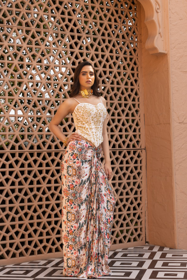 IVORY EMBROIDERED CORSET WITH DRAPED SKIRT