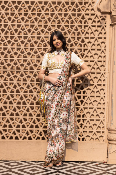 IVORY JEWEL PRINTED STITCHED SAREE WITH EMBROIDERED BLOUSE