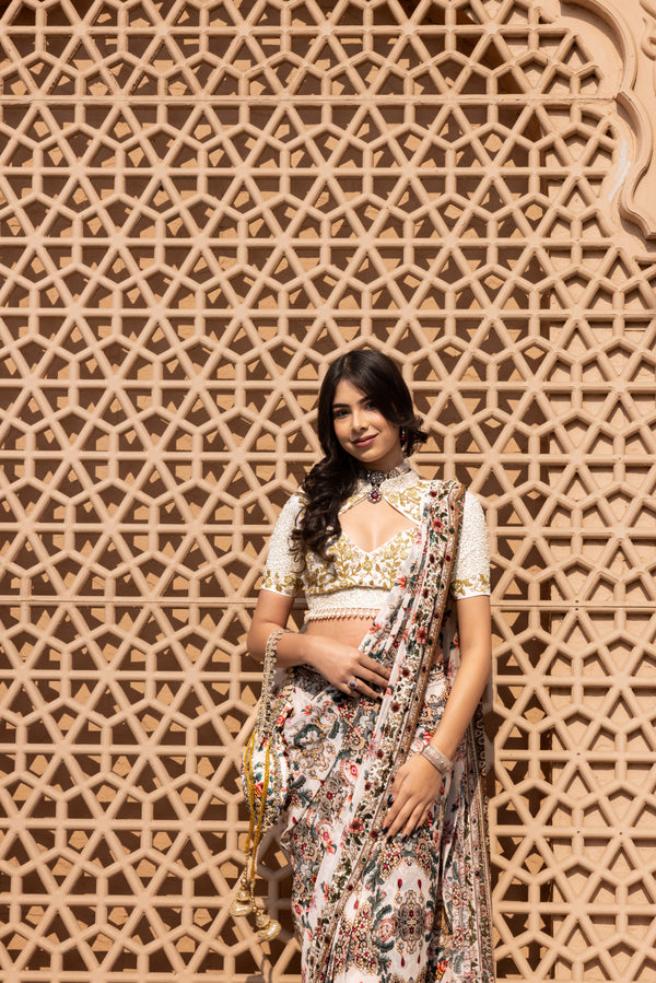IVORY JEWEL PRINTED STITCHED SAREE WITH EMBROIDERED BLOUSE