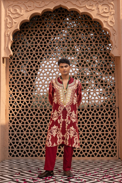 PLUM PRINTED MEN'S KURTA AND PYJAMA