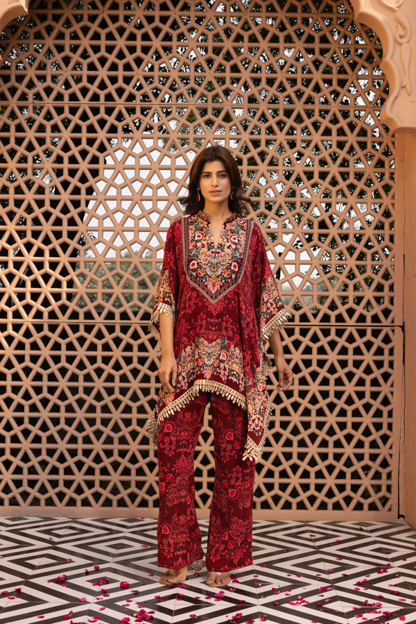 PLUM SELF PRINTED KAFTAN TOP AND PANTS