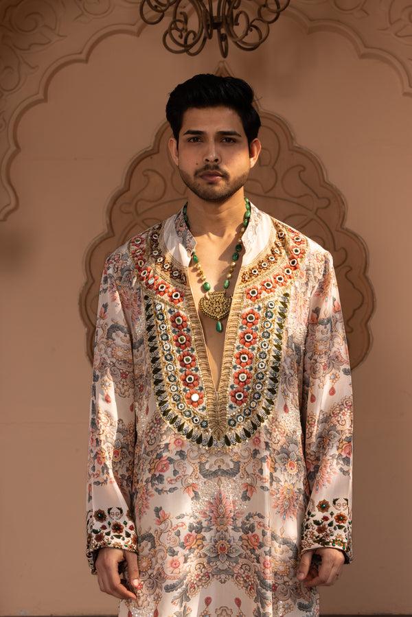 IVORY JEWEL PRINTED MEN'S KURTA AND PYJAMA