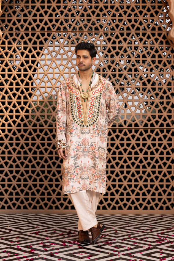 IVORY JEWEL PRINTED MEN'S KURTA AND PYJAMA