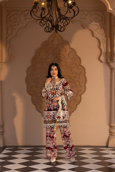 PLUM JEWEL PRINTED SHORT KURTI AND PANTS