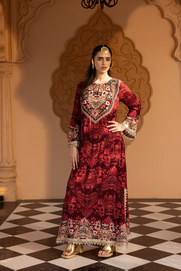 PLUM SELF PRINTED LONG A-LINE KURTA