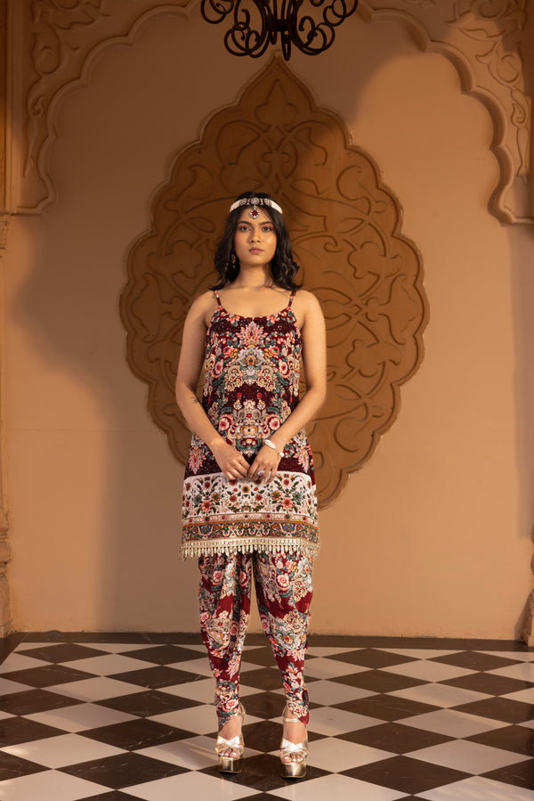 PLUM JEWEL PRINTED SLEEVESS KURTA WITH DHOTI PANTS