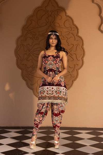 PLUM JEWEL PRINTED SLEEVESS KURTA WITH DHOTI PANTS