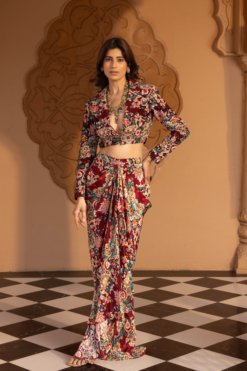 PLUM JEWEL PRINTED BALERO JACKET WITH DRAPED SKIRT