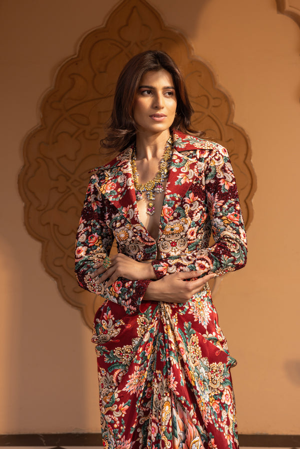 PLUM JEWEL PRINTED BALERO JACKET WITH DRAPED SKIRT