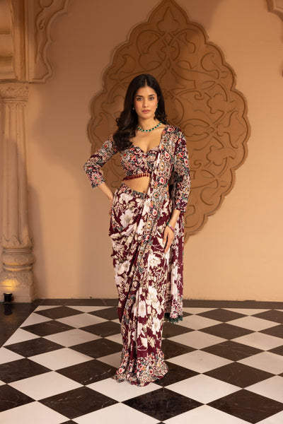 PLUM FLORAL PRINTED STITCHED SAREE WITH EMBELISHED BLOUSE