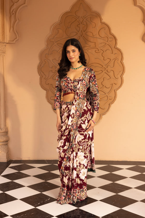 PLUM FLORAL PRINTED STITCHED SAREE WITH EMBELISHED BLOUSE