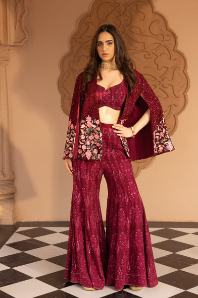 PLUM EMBROIDERED CAPE WITH CHICKENKARI FLARE PANTS AND BUSTIER