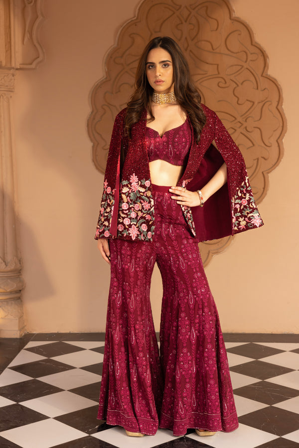 PLUM EMBROIDERED CAPE WITH CHICKENKARI FLARE PANTS AND BUSTIER