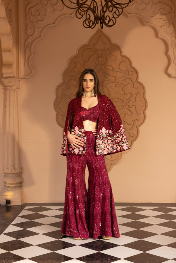 PLUM EMBROIDERED CAPE WITH CHICKENKARI FLARE PANTS AND BUSTIER