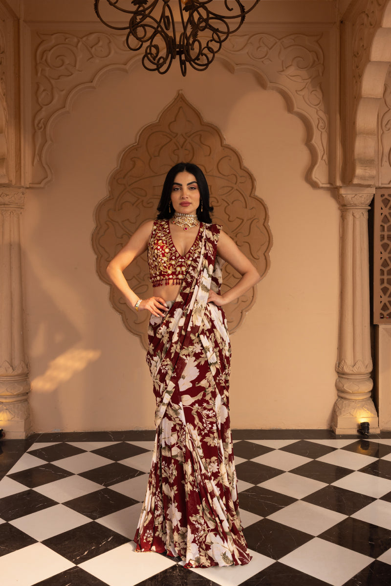 PLUM PRINTED FISH CUT SAREE WITH EMBROIDERED BLOUSE