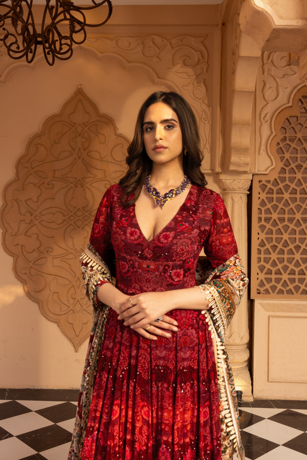 PLUM SELF PRINTED ANARKALI SET