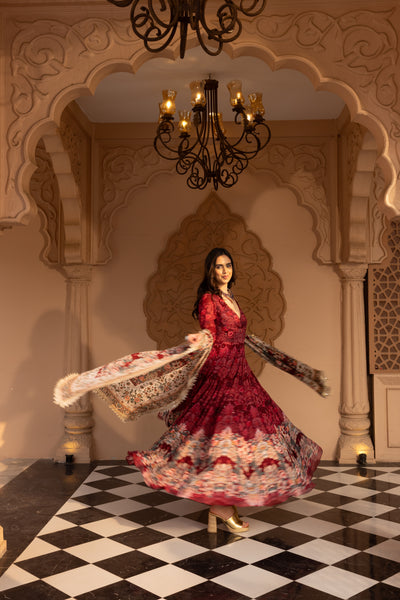 PLUM SELF PRINTED ANARKALI SET